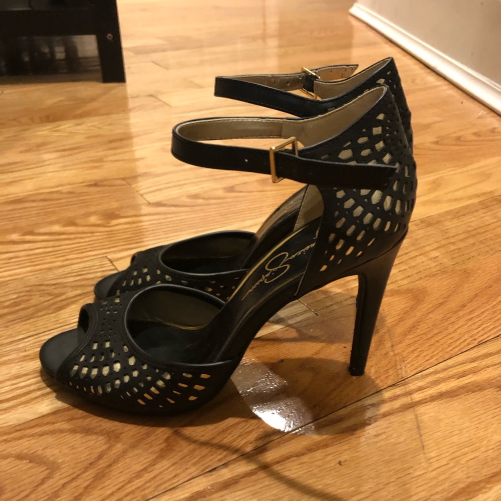 Jessica Simpson black/gold ankle wrap heels